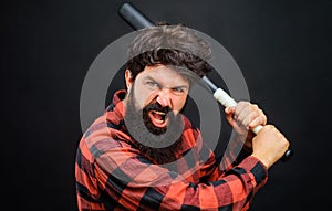 Angry bearded man with baseball bat. Sport equipment. Professional baseball player.