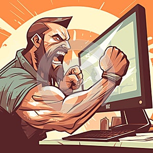 An angry bearded man, screaming at a computer screen