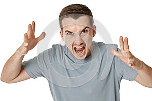 angry bearded man shouting on white studio background