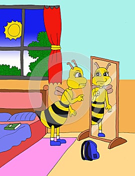 Angry bee in front of mirrorBee in front of miror cartoon illustration