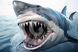 An angry big shark opens its mouth wide with sharp teeth. Animal. Fish. Generative ai