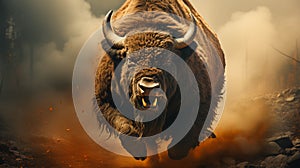 Angry bison running to fight