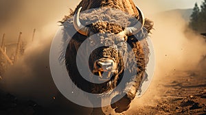 Angry bison running to fight