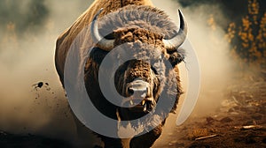 Angry bison running to fight