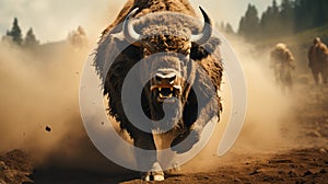 Angry bison running to fight