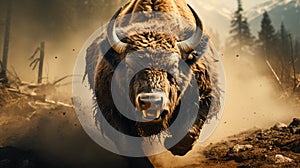 Angry bison running to fight