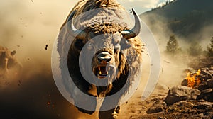 Angry bison running to fight
