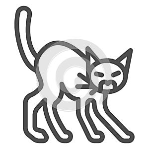 Angry black cat line icon, halloween concept, hissing cat sign on white background, scared cat with arched back icon in