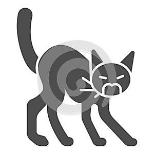 Angry black cat solid icon, halloween concept, hissing cat sign on white background, scared cat with arched back icon in