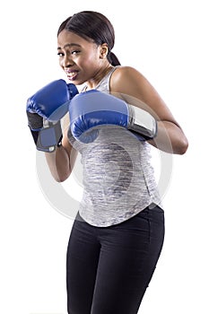 Angry Black Female Wearing Boxing Gloves