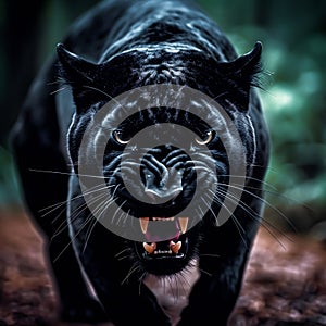 Angry Black Panther in forest - front view - AI generated