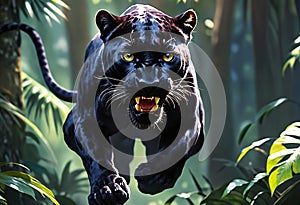 Angry black panther in the jungle during a jump. Generative AI