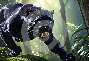 Angry black panther in the jungle during a jump. Generative AI