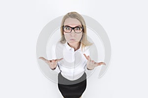 Angry blond woman in glasses
