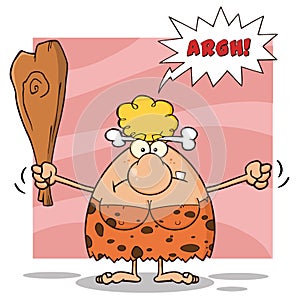 Angry Blonde Cave Woman Cartoon Mascot Character Holding Up A Fist And A Club