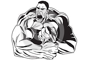 Angry bodybuilder torso with big muscular hands