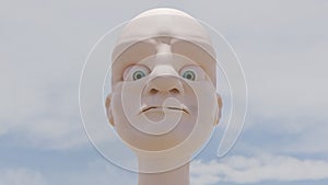 Angry bold face bald guy looks down sky in background 3D illustration