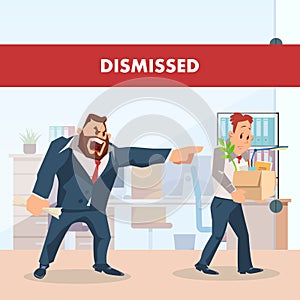 Angry Boss Dismiss Sad Employee. Unemployed Man