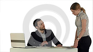 Angry boss with female worker in office on white background isolated