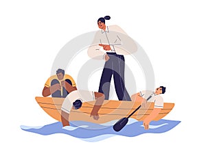 Angry boss hurrying tired exhausted employees. Overworked burnout unmotivated workers in business boat. Bad management