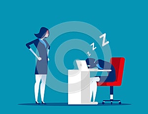 Angry boss looking office worker relaxing at desk during work. Tired asleep on a workplace. Concept business lazy employee vector