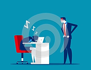 Angry boss looking office worker relaxing at desk during work. Tired asleep on a workplace. Concept business lazy employee vector