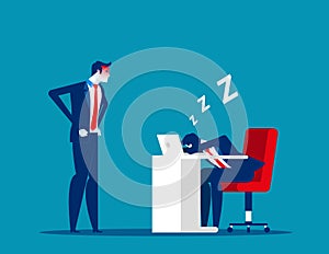 Angry boss looking office worker relaxing at desk during work. Tired asleep on a workplace. Concept business lazy employee vector