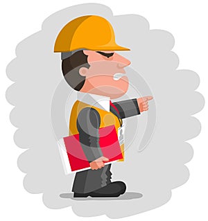 Angry boss with protective helmet and with red folder