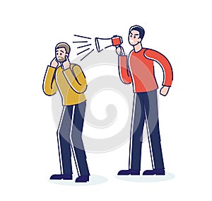 Angry boss screaming on employee with megaphone. Business man yelling at worker