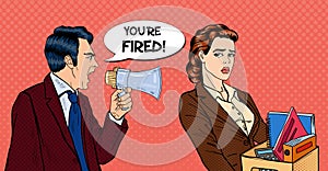 Angry Boss Screaming in Megaphone and Fireing Woman. Pop Art
