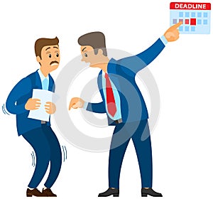 Angry boss shouting to employee. Conflict in office between chief and worker, stressed subordinate