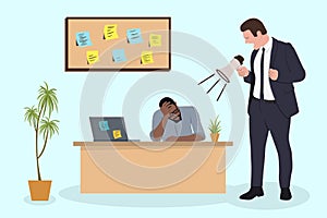 Angry Boss is shouting to his employee man via megaphone. Office deadline problem. Vector flat cartoon illustration.