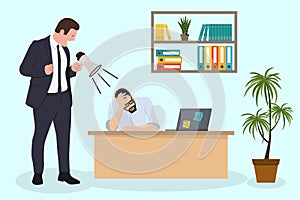 Angry Boss is shouting to his employee man via megaphone. Office deadline problem. Vector flat cartoon illustration.