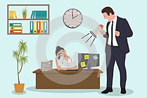 Angry Boss is shouting to his employee woman via megaphone. Office deadline problem. Vector flat cartoon illustration.
