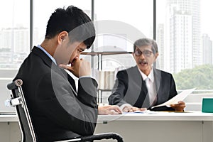 Angry boss yelling at employee, business concept, Asian businessman