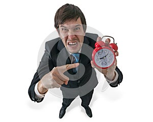 Angry boss is yelling and pointing on clock. Deadline concept