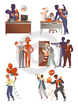 Angry boss yelling at scared employees set. Evil boss and stressed staff vector illustration