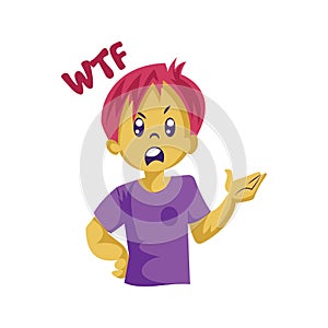 Angry boy with pink hair saying WTF vector sticker illustration on a