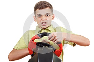 Angry Boy plays a driving game console, isolated on white