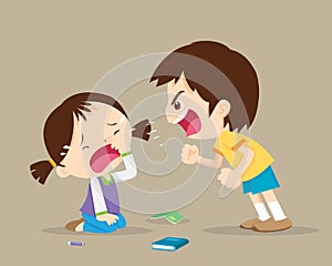 Angry boy shouting at cryng girl.bullying children