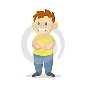 Angry boy standing with his arms crossed, cartoon character design. Flat vector illustration, isolated on white