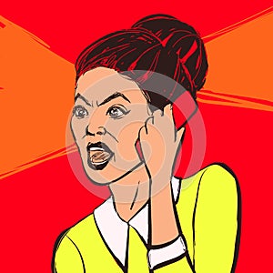 Angry brunette woman with mobile phone. Vector illustration.