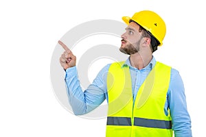 Angry builder or constructor yelling at somebody as fury concept isolated on white background with copyspace