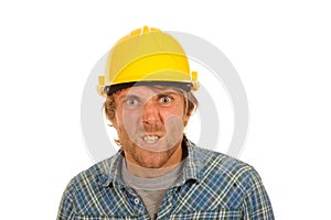 Angry builder in hard hat