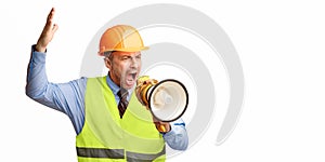 Angry Builder Worker Shouting In Megaphone Standing Over White Background