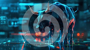 An angry bull is depicted engaging in trading activities with a computer. Generative AI