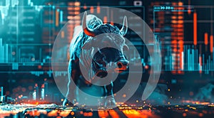 An angry bull is depicted engaging in trading activities with a computer. Generative AI