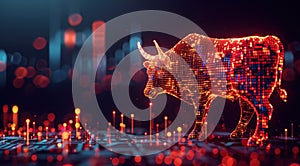 An angry bull is depicted engaging in trading activities with a computer. Generative AI