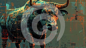 An angry bull is depicted engaging in trading activities with a computer. Generative AI