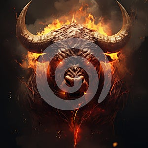 Angry bull head with fire